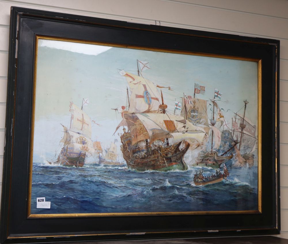 Frank Yers, watercolour and gouache, Galleons at sea, signed and dated 1902, 67 x 100cm
